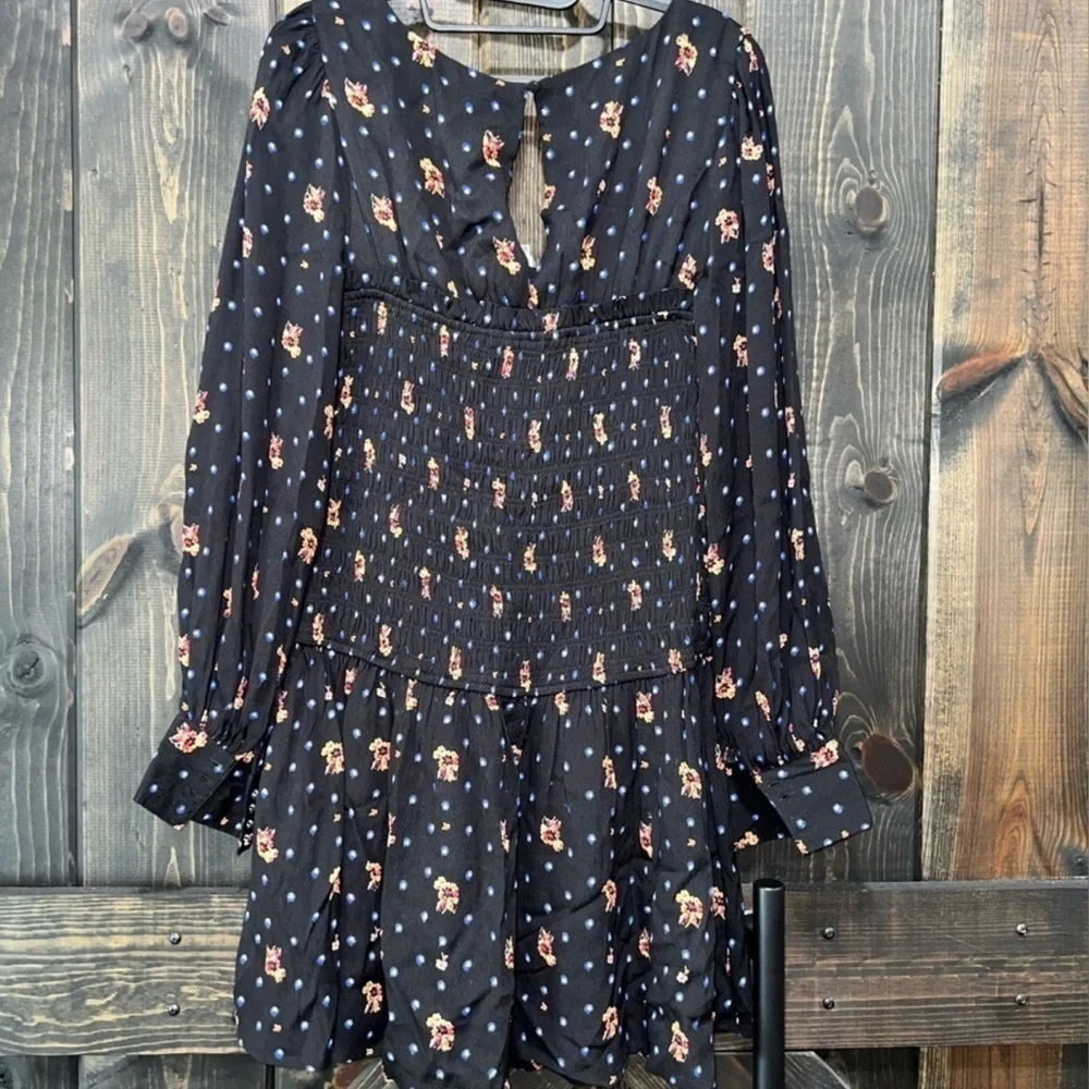 NWT Free People Mini Dress Floral Smocked Square Neck S XS Black‎ Boho